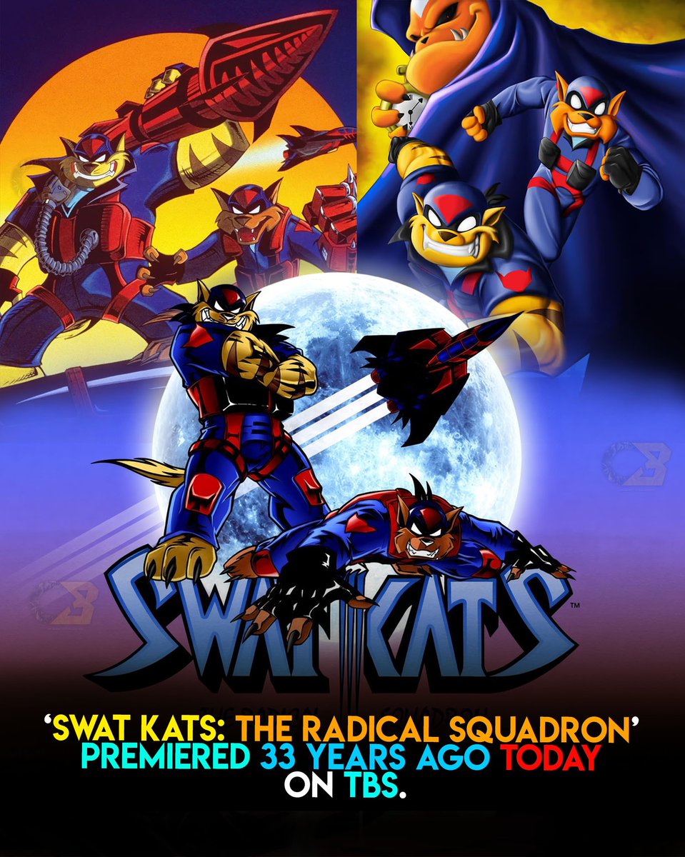 CelebBattleH's tweet photo. 33 years ago today, ‘SWAT KATS: THE RADICAL SQUADRON’ premiered on TBS! 🐱✈️🔥

Debuting in 1993, the Hanna-Barbera action series followed T-Bone and Razor, two vigilante pilots protecting Megakat City with their powerful Turbokat fighter jet.

Epic aerial battles, cool gadgets and unforgettable villains made this one a true ’90s action-cartoon classic! 💥

Who grew up watching the SWAT Kats? 👀

#SWATKats #TheRadicalSquadron #HannaBarbera #90sCartoons #CartoonNostalgia #ClassicCartoons #AnimationHistory