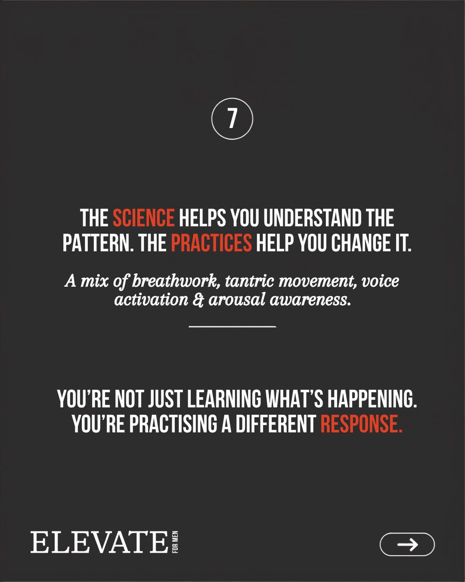 elevateformen's tweet photo. Knowledge alone doesn’t change the pattern.

You need to practise a different response.

That’s why Elevate combines the science with breathwork, movement, voice activation and arousal awareness. https://t.co/04jSeVlilI