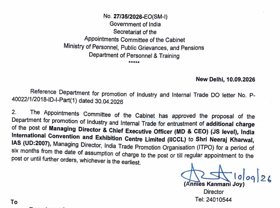 BureaucratsInd's tweet photo. #BITransferPosting 

Neeraj Kharwal, IAS (UD:2007), Managing Director, India Trade Promotion Organisation (ITPO), has been approved for entrustment of additional charge of Managing Director & Chief Executive Officer (MD & CEO), India International Convention and Exhibition Centre Limited (IICCL).

The additional charge will be for six months from the date of assumption of charge, or until a regular appointment is made, whichever is earlier.

#transfer #posting #bureaucracy #BureaucratsIndia

@ITPODesk @DoPTGoI @DCsofIndia