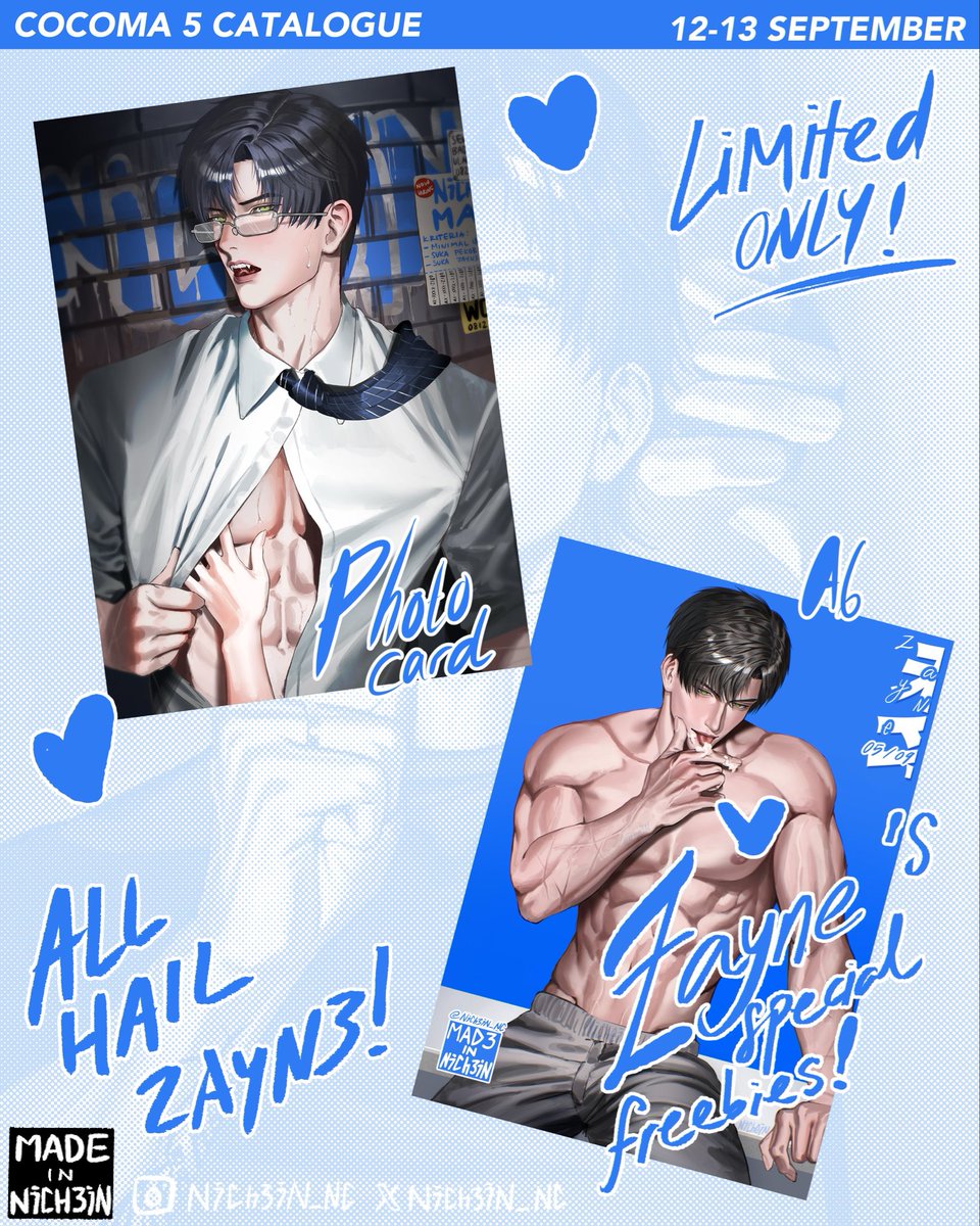 nichein_nc's tweet photo. [💙 &amp; 🔁] appreciated!
NICHEIN’S #COCOMA5 OTS CATALOGUE 💙 

🗓️ 12-13 SEPT
📍 C40 - NICHEIN
🗒️ LADS + ZAYNE CENTERED
💳 QRIS AND CASH!

OTS ONLY, 
PRE ORDER WILL BE OPEN FOR CF23!
(4/6)

#cocoma5catalogue https://t.co/PppMWTcG4i
