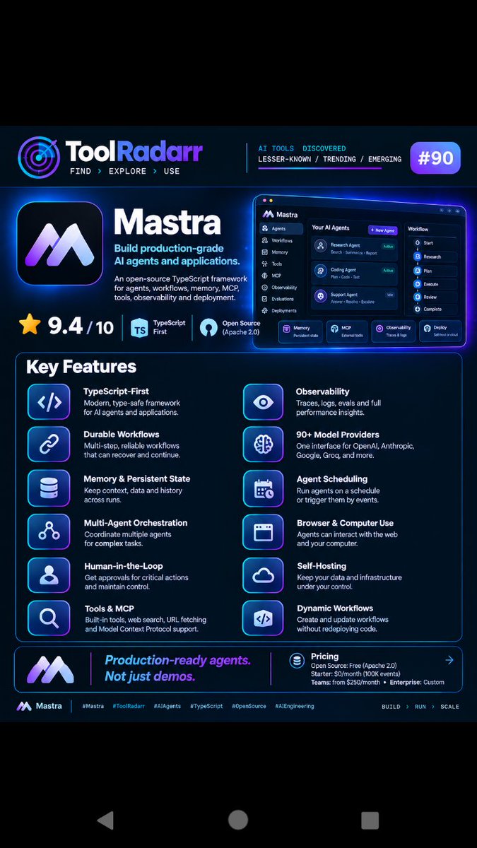 Tool_radarr's tweet photo. AI agents are easy to demo. Production agents are a different beast.
Mastra is an open-source TypeScript framework for agents with durable workflows, memory, MCP, tools, evals, observability & multi-agent orchestration.
β 9.4/10
#Mastra #ToolRadarr https://t.co/5QEVYR6IWR