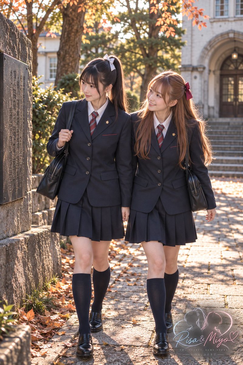 somliaceAI's tweet photo. 福山青春制服シリーズ #4
今回は、福山誠之館高校の冬制服で。
長い歴史を刻んできた学び舎。
何世代もの高校生が歩いてきた場所を、今日は理佐と美代が歩く。

古い石碑や木々を眺めながら、
「昔もここで、こんなふうに話してたのかな」
時代が変わっても、放課後の青春はきっと変わらない。
そんなことを思わせてくれる一枚になりました。

#AI画像 #AIart #理佐と美代 #福山