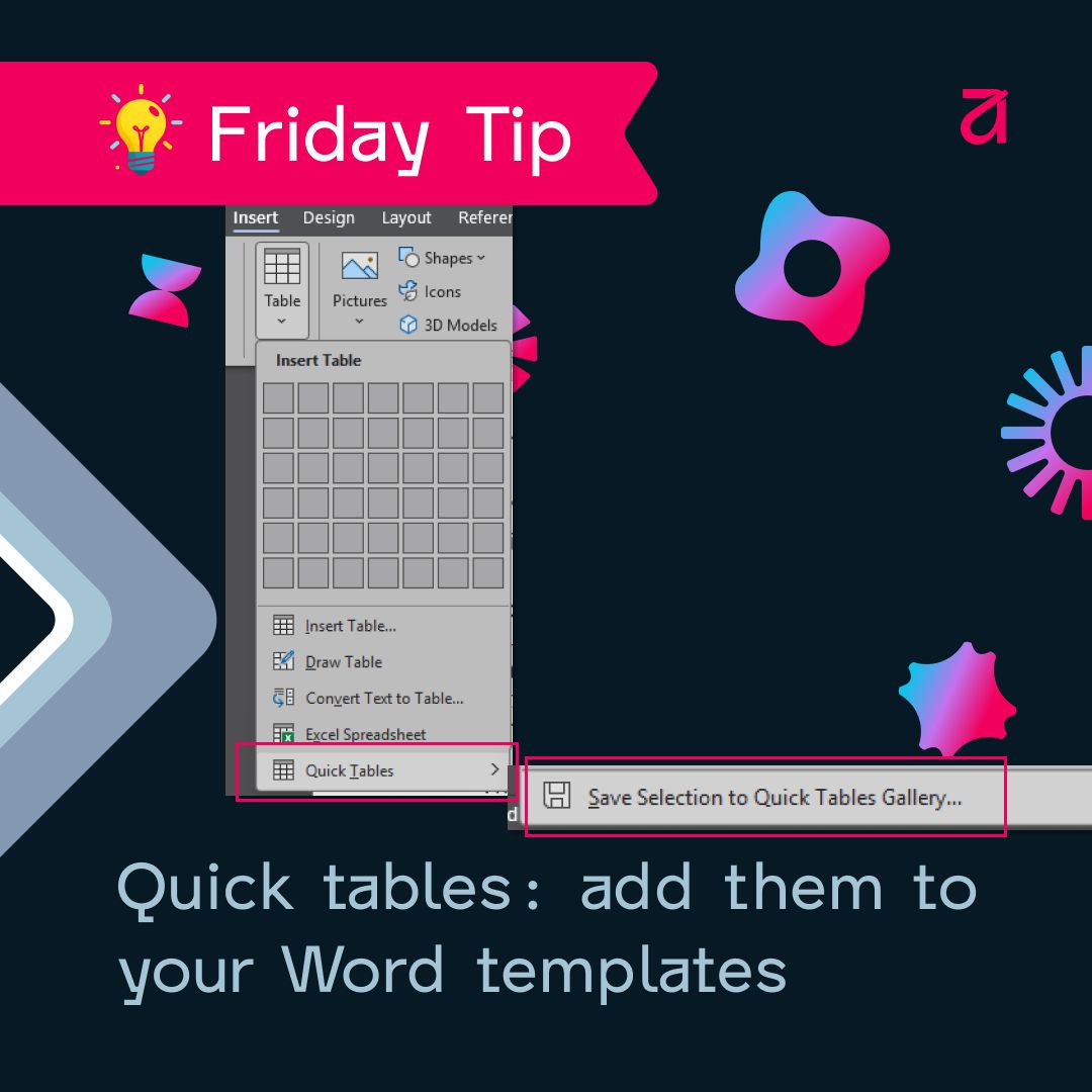 avantithq's tweet photo. Build Word templates like a pro: Quick tables
You can design table layouts for your brand by selecting the Word table you created and going to Insert > Table > Quick tables > Save to quick tables
New documents will have that custom table ready to insert!

#avantIT #fridaytip https://t.co/Rdc5PQlkGg