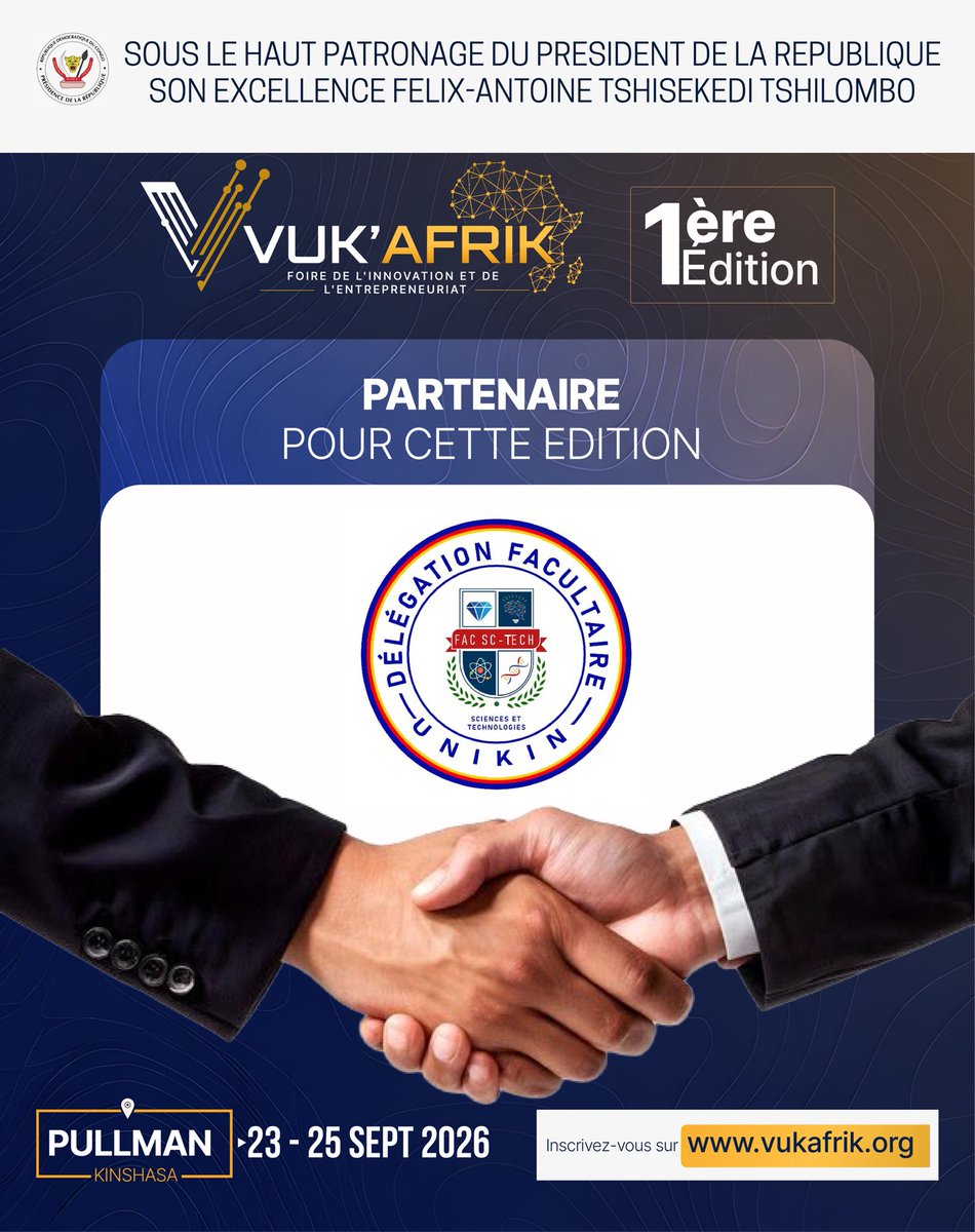 VukAfrik's tweet photo. L'innovation naît au cœur de la jeunesse et du savoir ! La Délégation Facultaire des Sciences et Technologies de l'Université de Kinshasa (UNIKIN) s'associe à VUK’AFRIK 2026 ! 💡🔬 https://t.co/tzPP47AegZ