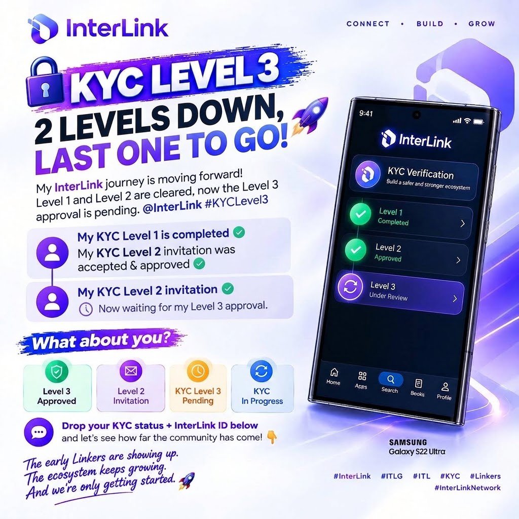 Umar3241's tweet photo. 🚀 InterLink KYC Level 3 Status!
✅ Level 1 completed &amp; Level 2 successfully approved.
⏳ Level 3 approval is under review, waiting for final verification.
💬 What is your InterLink KYC status right now?
 Drop your KYC status + InterLink ID in the comments! #InterLink #KYCLevel3 https://t.co/XKHSHxQvZw