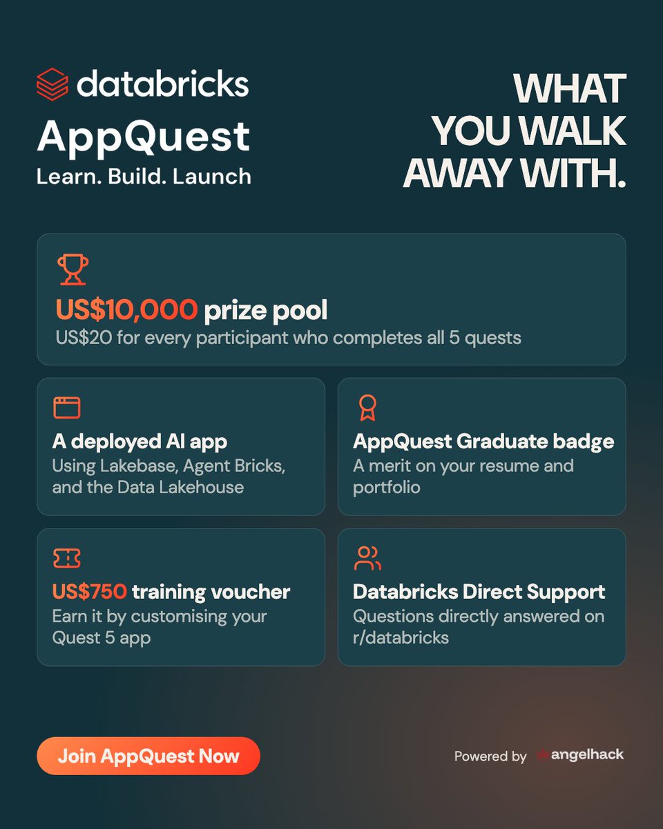 AngelHack's tweet photo. Most AI courses cost you money.

@databricks Asia Pacific's AppQuest actually pays you back 💰: a US$10,000 prize pool, a deployed AI app, a Graduate badge, a US$750 training voucher, and direct support from Databricks.

Register now at 👉 https://t.co/3KR2aElbWD

#Lakebase #DatabricksAI #DatabricksApp