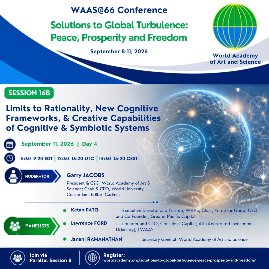 _WAAS_'s tweet photo. 🌍 WAAS@66 Day 4 continues today!

Two parallel sessions:
🔹 AI for Education, Employment &amp; Lifelong Learning
🔹 New Cognitive Frameworks &amp; Symbiotic Systems
⏰ 8:30–9:20 EDT | 14:30–15:20 CEST
🔗 https://t.co/VSOMWPikQ8
#WAAS66 #AI #Education #FutureOfWork https://t.co/vF9b70cU9m