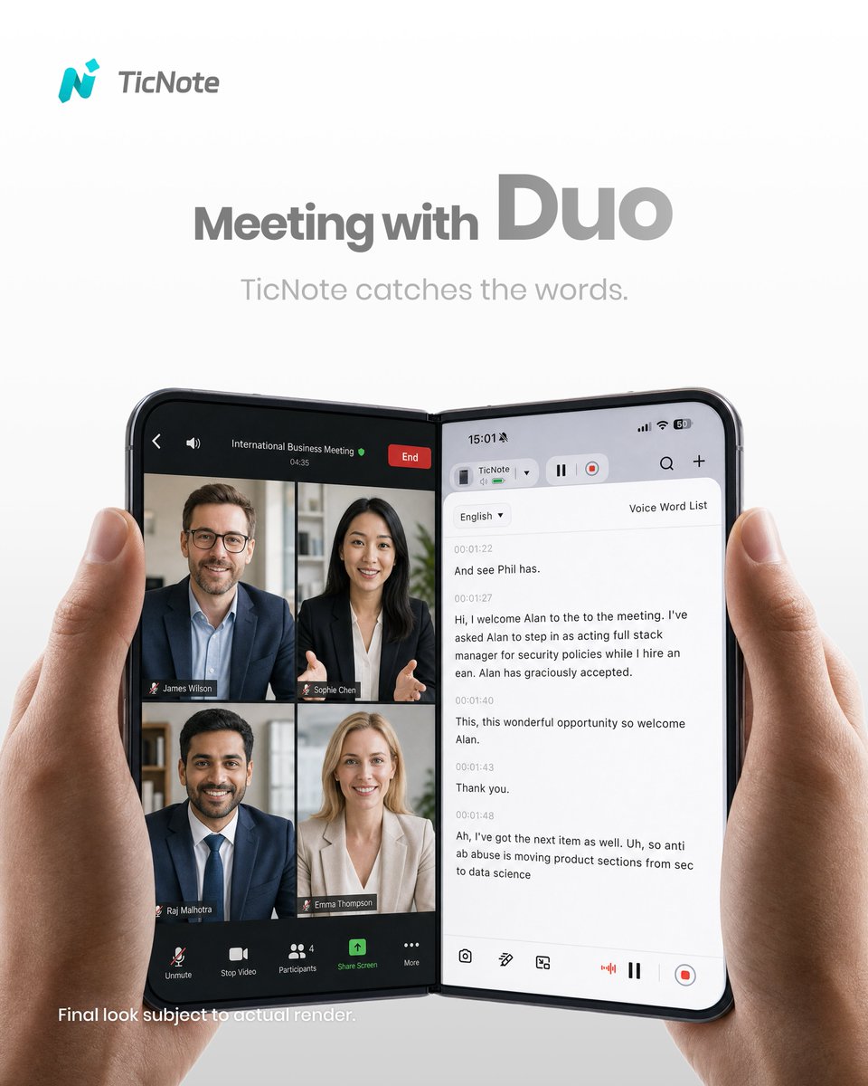 ticnotecloudTNC's tweet photo. Meeting with Duo. TicNote catches the words.
One open screen for the call, one for the transcript. Both hands free, nothing lost.
#ticnote #meetingnotes #airecorder #iphoneduo #productivitytools #morningmeetings https://t.co/sebkzchOHn