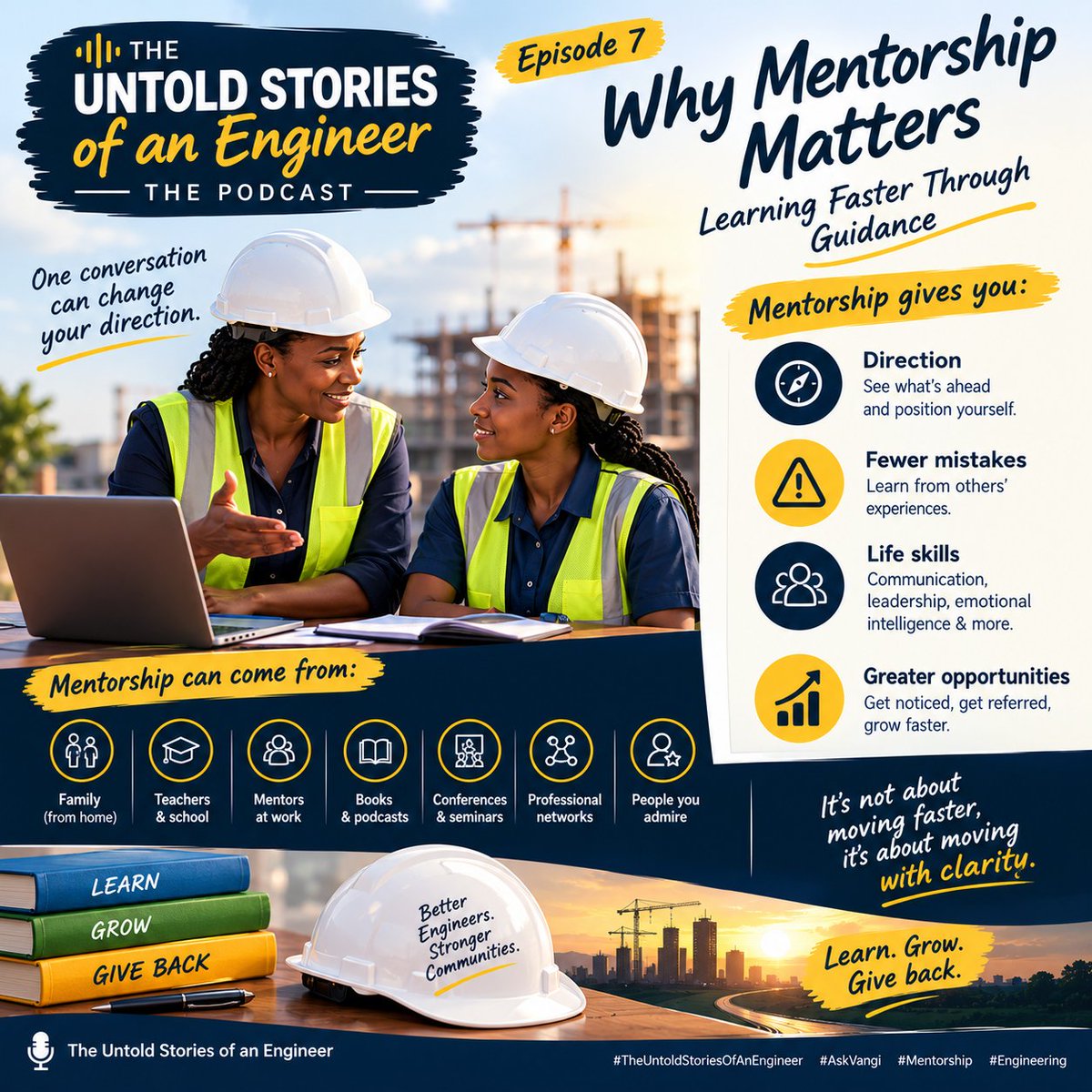 VangiBusingye's tweet photo. One thing I wish I understood earlier in my engineering journey: the power of mentorship.

Technical skills matter, but so do communication, leadership and emotional intelligence.

Learn. Grow. Then help someone else grow.

#Engineering 
#Mentorship
#AskVangi👷‍♀️ https://t.co/M7FAkOJZ3m
