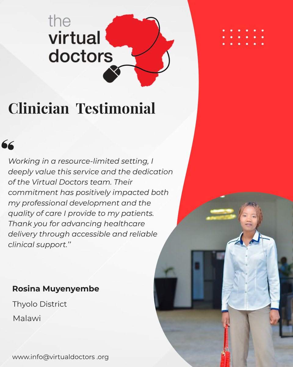 VirtualDocProj's tweet photo. Meet Rosina Muyenyembe, a Clinical Officer based at Chimaliro Rural Health Centre in Thyolo District, Malawi. She joined the Virtual Doctors organisation in 2025 and expressed heartfelt appreciation for the service at her facility. https://t.co/uA6mbb2V7B