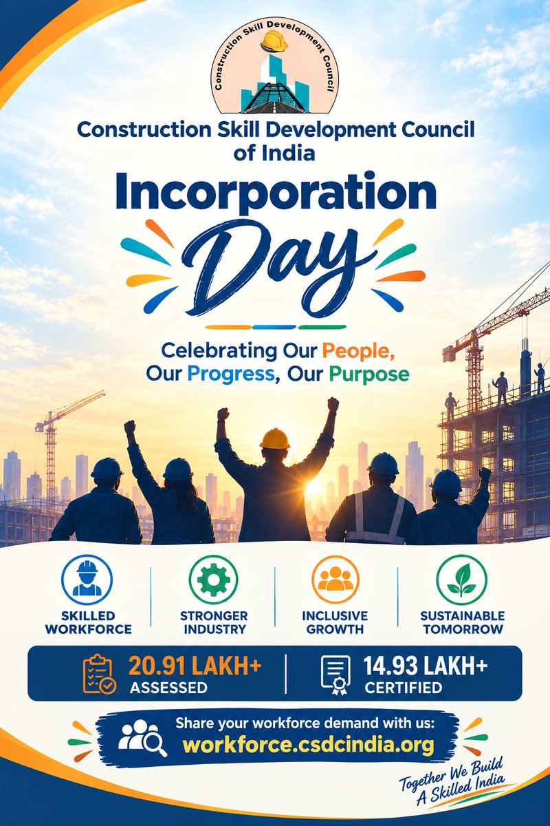 ConstructionSSC's tweet photo. Celebrating CSDCI’s Incorporation Day!  11th September 🎉

Celebrating our journey of strengthening India’s construction workforce and contributing to a skilled, inclusive and sustainable India.

Together, we build stronger skills, stronger industries, and a stronger nation. https://t.co/5vWeMLfBDl