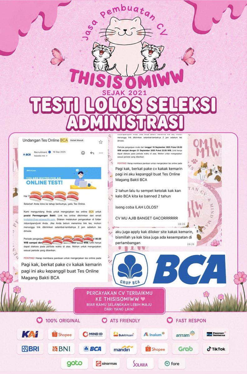 gluewys's tweet photo. bisaa kak 😭🫶🏻 kalau cuma mau konsultasi dulu, FREE kok!

📝 JASA JOKI BIKIN &amp; BUAT CV ATS/KREATIF
💸 Indo 30K | Eng 40K

🔥 8.500+ TESTI — tembus BUMN • LPDP • MSIB • MAGANGHUB
✅ HR aktif Tambang+ bersertifikasi (bisa cek kredibilitas ownernya)

💬 Konsul karier FREE https://t.co/AEpL6wpZF2