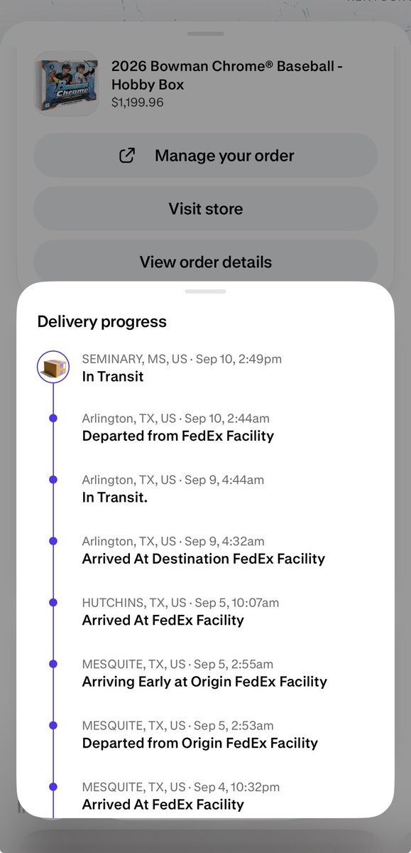 RopesRips91's tweet photo. @FedEx @FedExHelp @Topps how has my package made it just 450 miles in 7 days?

Would be nice to rip my bowman at the same time as everyone else or relatively close https://t.co/23pc1hban0