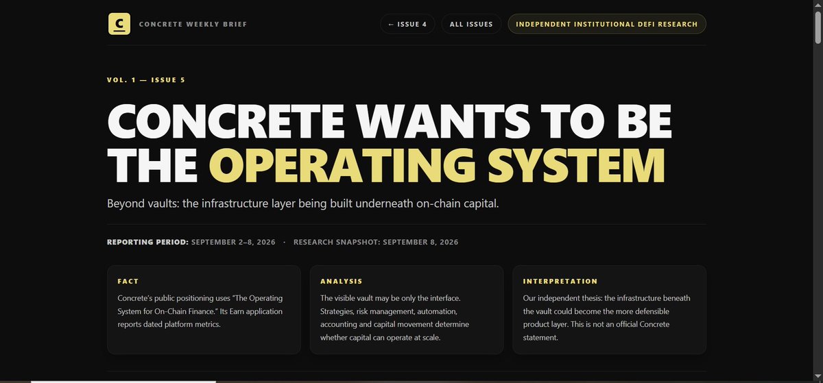 billiano_21's tweet photo. Concrete Weekly Brief —  Week 5

https://t.co/yUFUb8IiaA

The biggest idea from this week:

Concrete isn’t just building vaults.

It’s building the operating system for on-chain finance.

The vault is what users see.

But underneath it sits the real infrastructure:

→ Strategy curation
→ Risk management
→ Automation
→ Accounting & NAV
→ Capital execution
→ Custody connections
→ Distribution
Concrete’s Earn app is already reporting $1.246B in deposits, $23.41B in volume and 53.76K depositors.
And the bigger opportunity may be just getting started.
As institutional capital moves onchain, the question becomes:
Who builds the infrastructure that makes onchain capital scalable, repeatable and easier to manage?
That’s the game Concrete is positioning itself for.
Vaults may become the interface.
Infrastructure may become the moat.

The future of onchain finance is being built underneath the surface.

@ConcreteXYZ 
@crypttoji 
@d3crypt0r25