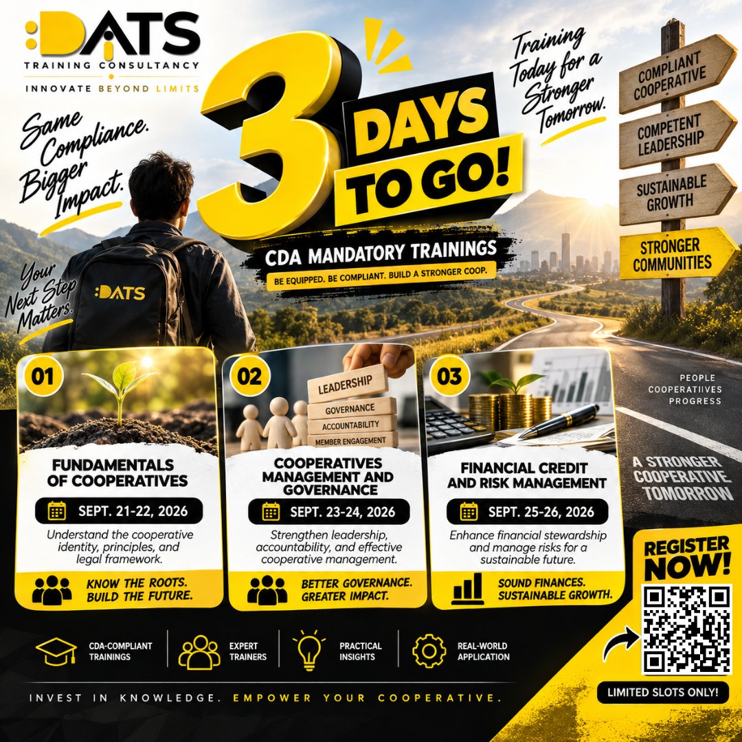 DATSTandC's tweet photo. 3 DAYS TO GO ⚡

THREE trainings.
ONE stronger cooperative.
🌱 Fundamentals
👥 Governance
💰 Financial Risk Management

Are you ready?
https://t.co/yMskBhxQ21

#3DaysToGo #CDATraining #DATS https://t.co/0LkGU7U3qN