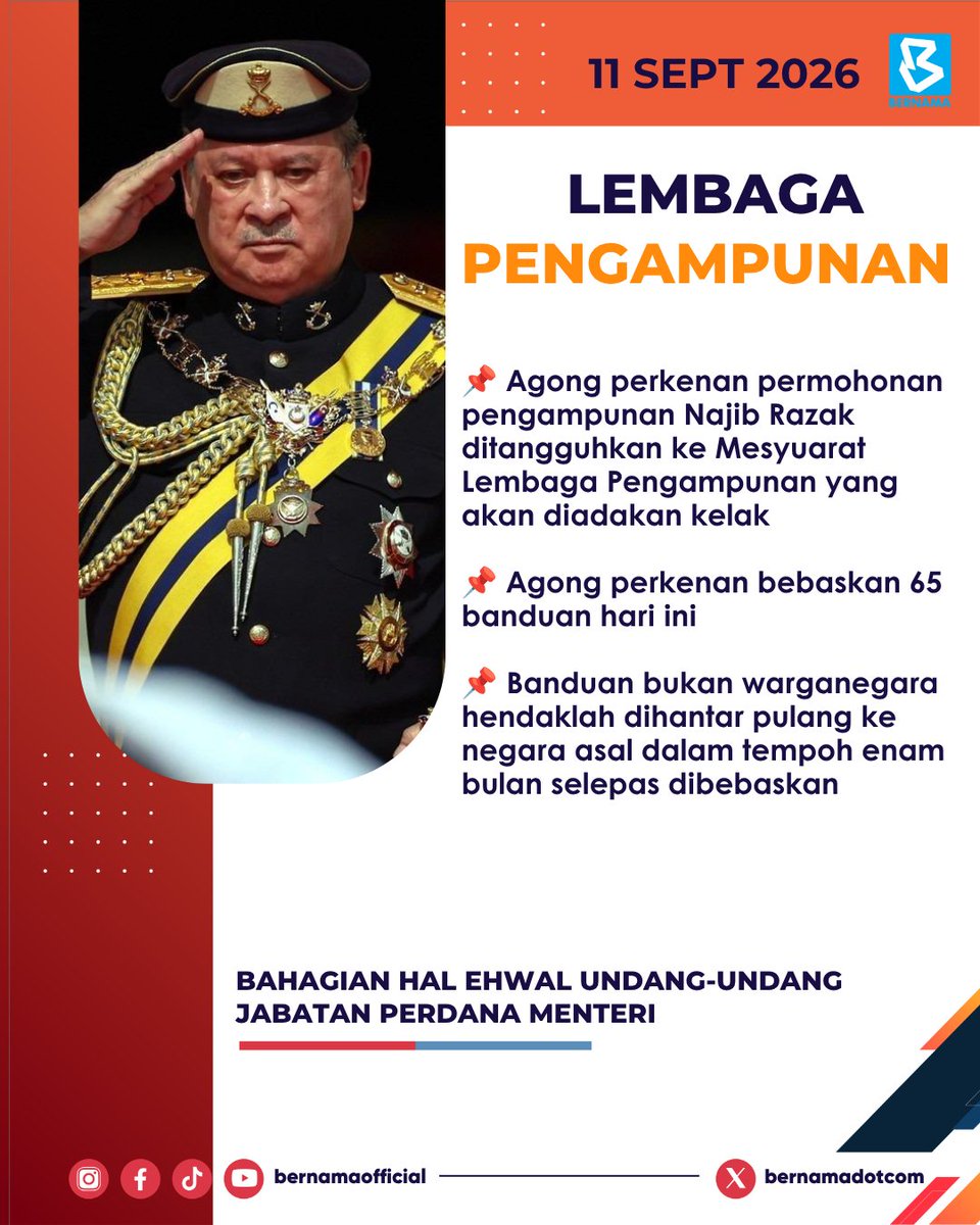 bernamadotcom's tweet photo. [TERKINI]

Lembaga Pengampunan: 

📌Agong perkenan permohonan pengampunan Najib Razak ditangguhkan ke Mesyuarat Lembaga Pengampunan yang akan diadakan kelak

📌Agong perkenan bebaskan 65 banduan hari ini 

📌Banduan bukan warganegara hendaklah dihantar pulang ke negara asal dalam tempoh enam bulan selepas dibebaskan

-- Bahagian Hal Ehwal Undang-Undang (BHEUU) Jabatan Perdana Menteri

#BernamaNews