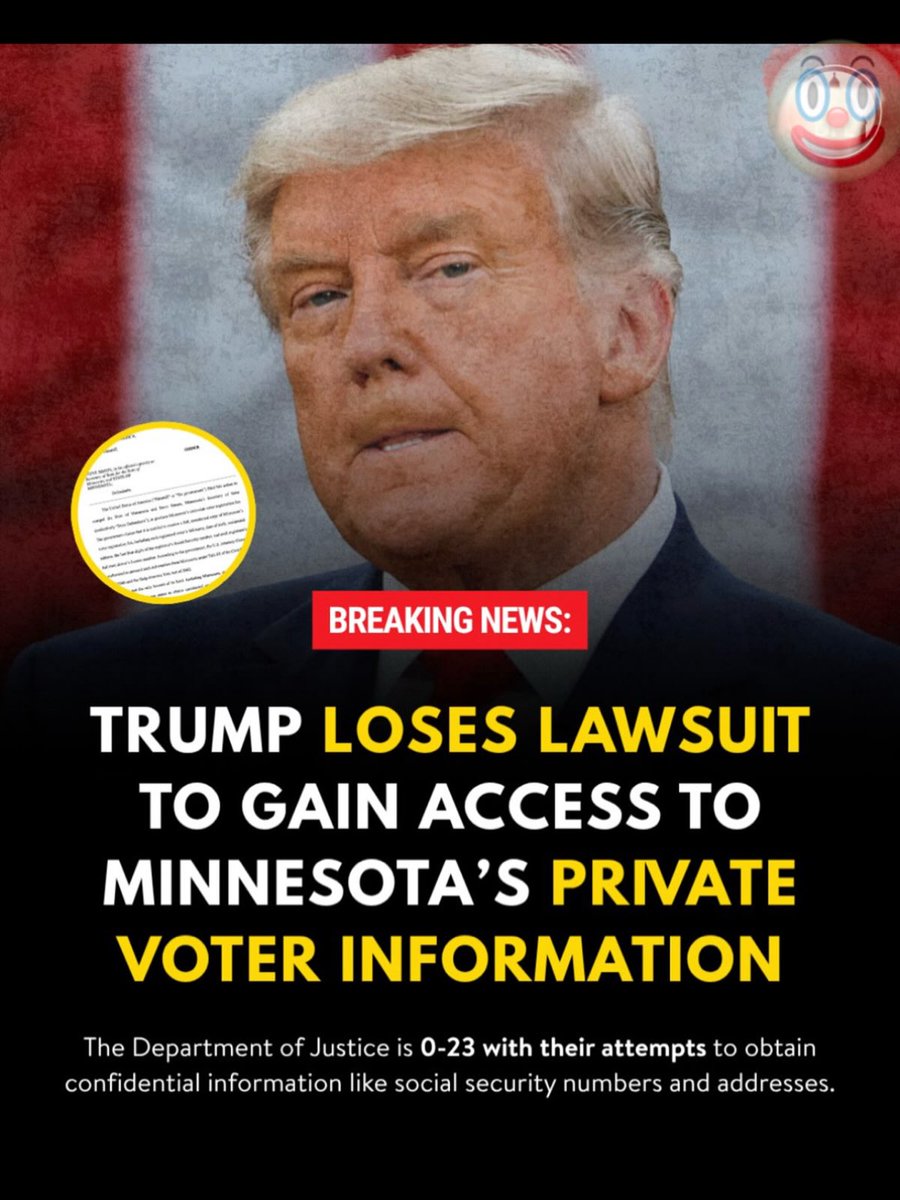 NormaMo92499652's tweet photo. Breaking: A federal court blocked the Trump DOJ from accessing Minnesota voters’ private data, including SSNs and home addresses. The DOJ is reportedly 0-23 nationwide. A major win for voter privacy. https://t.co/PJd1sOC8uZ