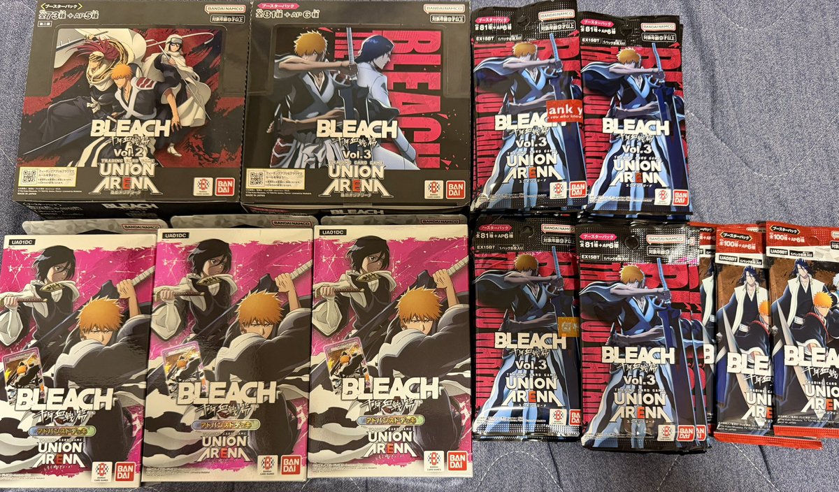 blade_Pythra's tweet photo. BLEACHユニオンアリーナ！！
1BOXとバラ36パックだけ回収できた⚔️
何故か2弾のBOXと１弾3パックだけ買えた😂

頼むからパチより期待値あってくれ… https://t.co/oodsh5Rv2h