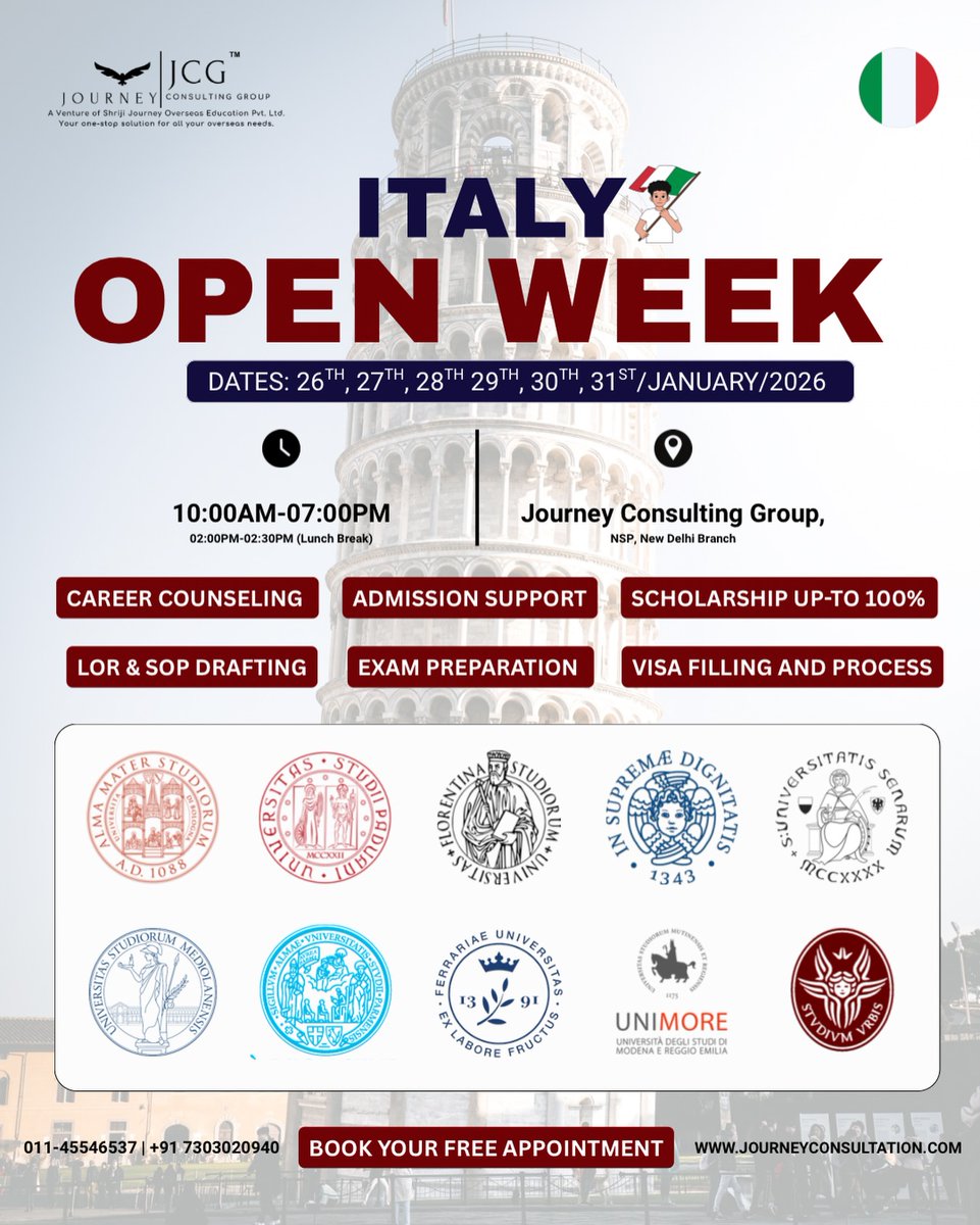 Mrozowski123's tweet photo. Dreaming of studying in Italy? Join Italy Open Week at Journey Consulting Group, New Delhi, Jan 26–31, 2026. Get admission support, scholarships, career counseling, visa help, and more. Book your free appointment today! https://t.co/bBy7Zdnq9z