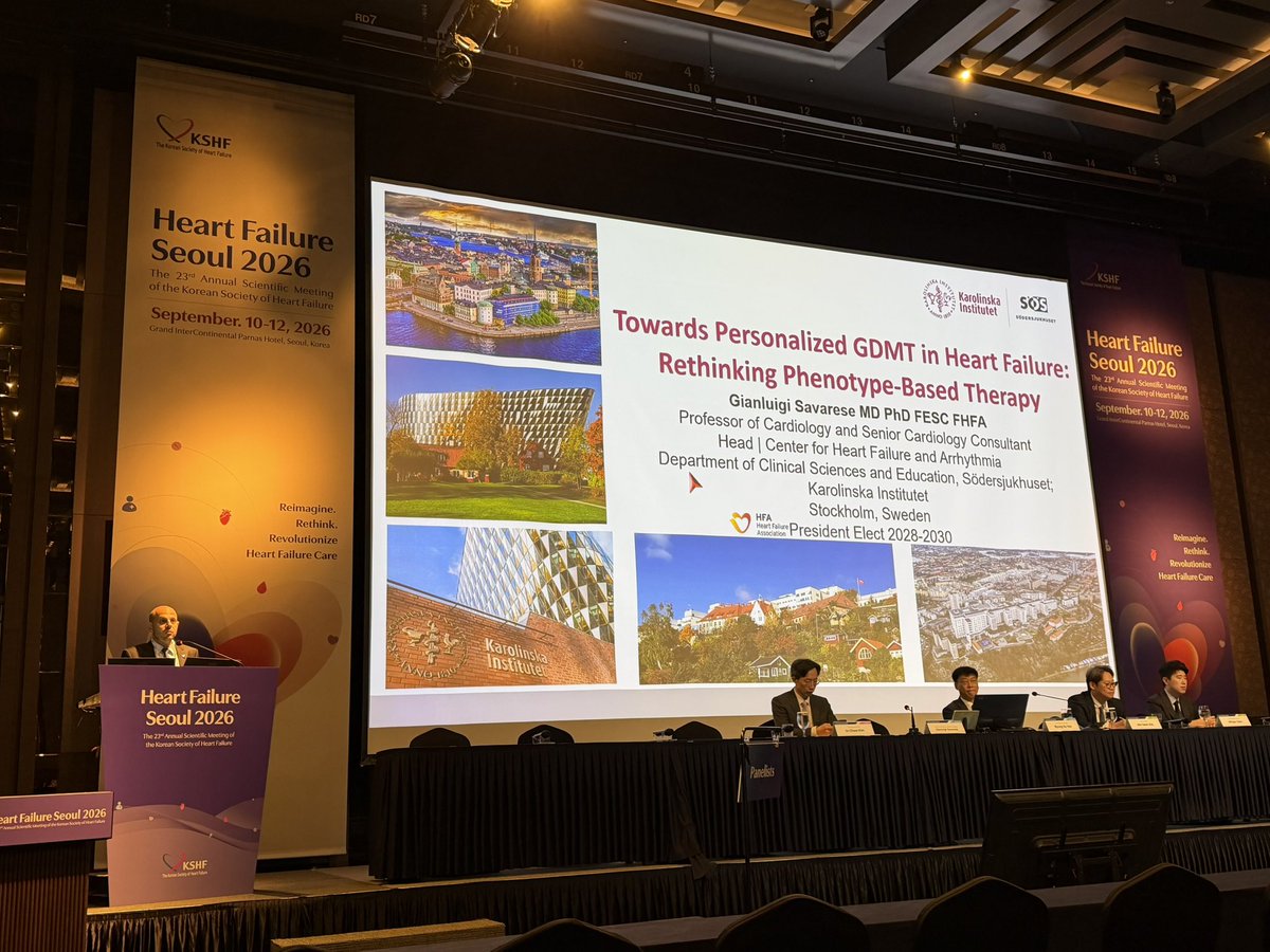 HFA_President's tweet photo. How do we shape the future of #HF care?🫀
The @HFA_ESC × Korean Society of Heart Failure (#KSHF) joint session at #HeartFailureSeoul2026 connected three dimensions of personalized HF management:
📍Prof. @GianluSava explored personalized GDMT in HF & rethinking phenotype-based therapy
📍Prof. @WilfriedMullens translated the 2026 ESC HF Guidelines into practical messages: think beyond LVEF; treat earlier & across the HF spectrum; start fast, optimize early & continue lifelong; manage congestion dynamically; & individualize drugs, devices, interventions & comorbidity care.
📍Prof. In-Cheol Kim talked about integrating human expertise & AI to advance personalized HF management
#HFS2026 #HeartFailure #ESCGuidelines @escardio
@h_arfsten @jozinetm @GTersalvi @JavedButler1