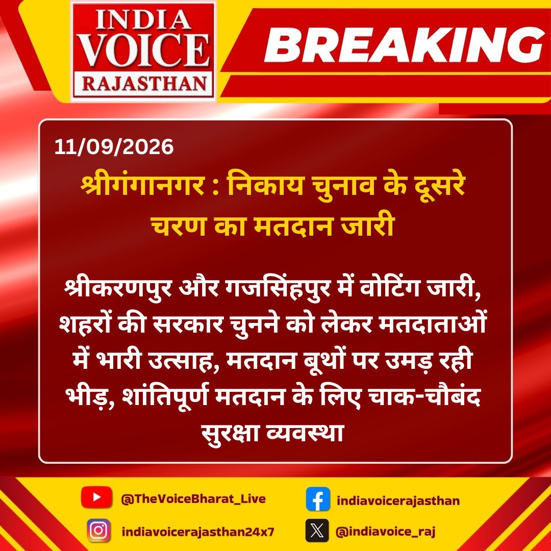 indiavoice_raj's tweet photo. #SriGanganagar : नगर निकाय चुनाव दूसरा चरण श्रीकरणपुर,गजसिंहपुर मतदान जारी...

#Srikaranpur #Gajsinghpur #SriGanganagar #NikayChunav2026 #RajasthanElection #IndiaVoiceRajasthan https://t.co/ccoYYhyWV6