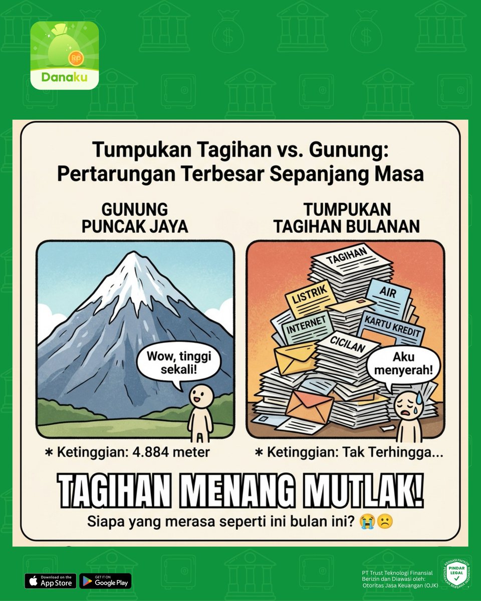 officialdanaku's tweet photo. Siapa disini yang senasib sama mimin? tos dulu kita😁
#Danaku #Tagihan #Pinjaman #Gunung #cicilan https://t.co/Tn6Ke0SAsx