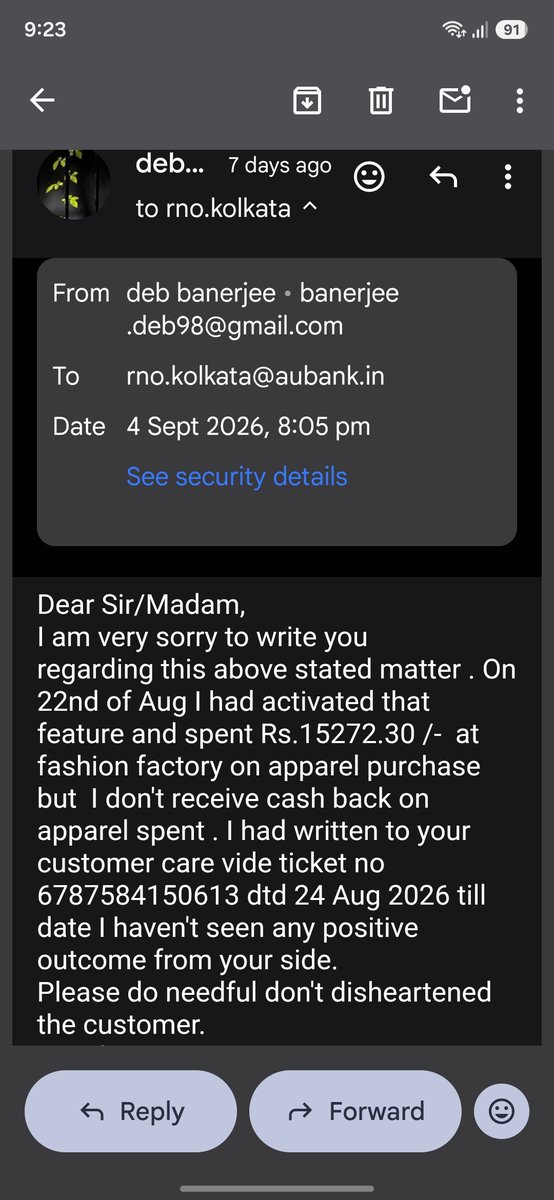 DebapriyaBandyo's tweet photo. @AUCustService @RBI @RBIsays @jagograhakjago sending repeatedly mail and phone call @aubankindia misguided me. They charge Rs. 199+GST for attached features but after purchasing apparel from fashion factory which was supposed to be eligible purchase not giving cashback. Take action #India. https://t.co/20bK96AFJq