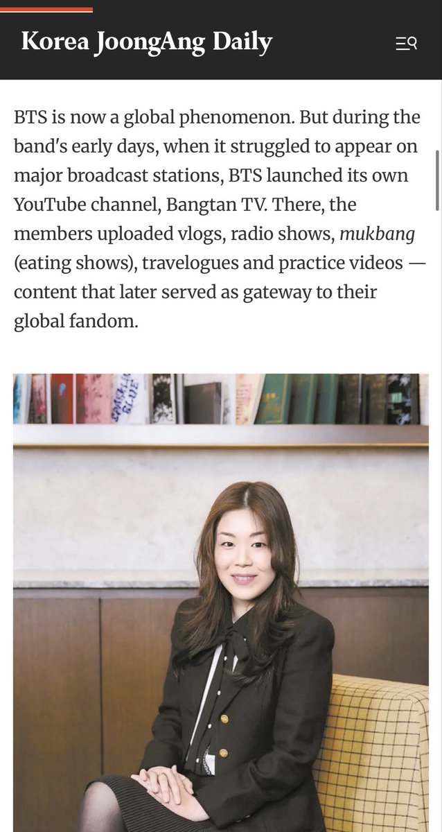 bunnyspeaches's tweet photo. I found another interesting article from a Korean newspaper. So this lady who was the brains for all the content we enjoyed in the past like Bangtan TV and Run! BTS also left and is now the CEO for Retopia Salon.

I think I’ve finally put all the puzzle pieces together. We’re cooked 😭