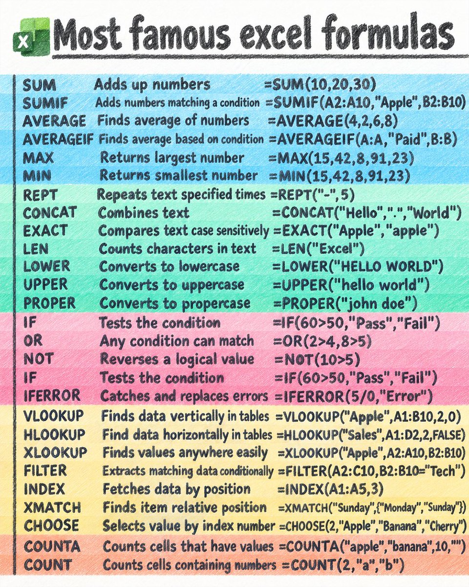TipTrickHub's tweet photo. Most Famous #Excel Formulas 
#Excel for beginners 
#MSExcel #Office #Tip #Tips #Trick #Tricks #TipTrickHub https://t.co/FVpitiohJt