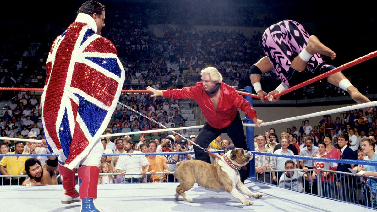 WWFWrestling1's tweet photo. 📸 WWF In-Ring Action! 🐶 #WWF #WWE #Wrestling #TheIslanders #BritishBulldogs #Matilda #BobbyHeenan https://t.co/6w9DJ7H4R4