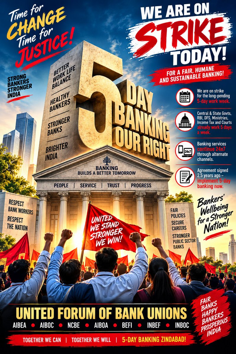 fboioa_india's tweet photo. Today, bank employees stand united in a nationwide strike for Five-Day Banking and justice. Our sacrifice reflects our resolve. Our unity is our strength. Our voice will not be ignored. ✊🚩
#BankStrike #5DayBanking #UFBU 
@nilesh_pawar15 @aiboc_in @rupamsmail https://t.co/s1SqVAPEpa