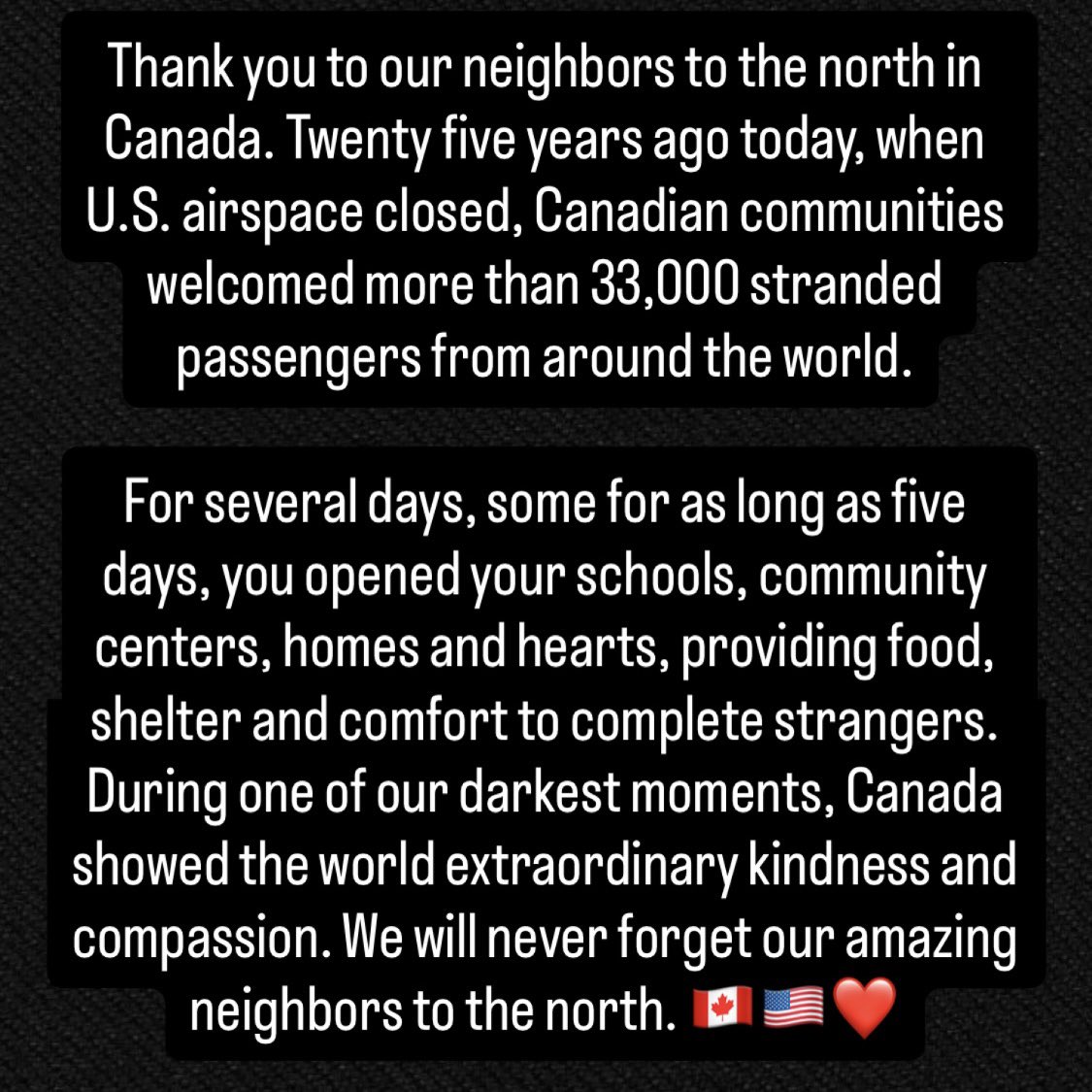 NYCkopp's tweet photo. On 9/11, Canada welcomed 33,000+ stranded passengers from around the world. For days, communities provided food, shelter and comfort. Their kindness inspired the Broadway musical Come From Away, which I saw and loved. We will never forget our neighbors to the north. 🇨🇦🇺🇸❤️ https://t.co/Bi6ilqIY42