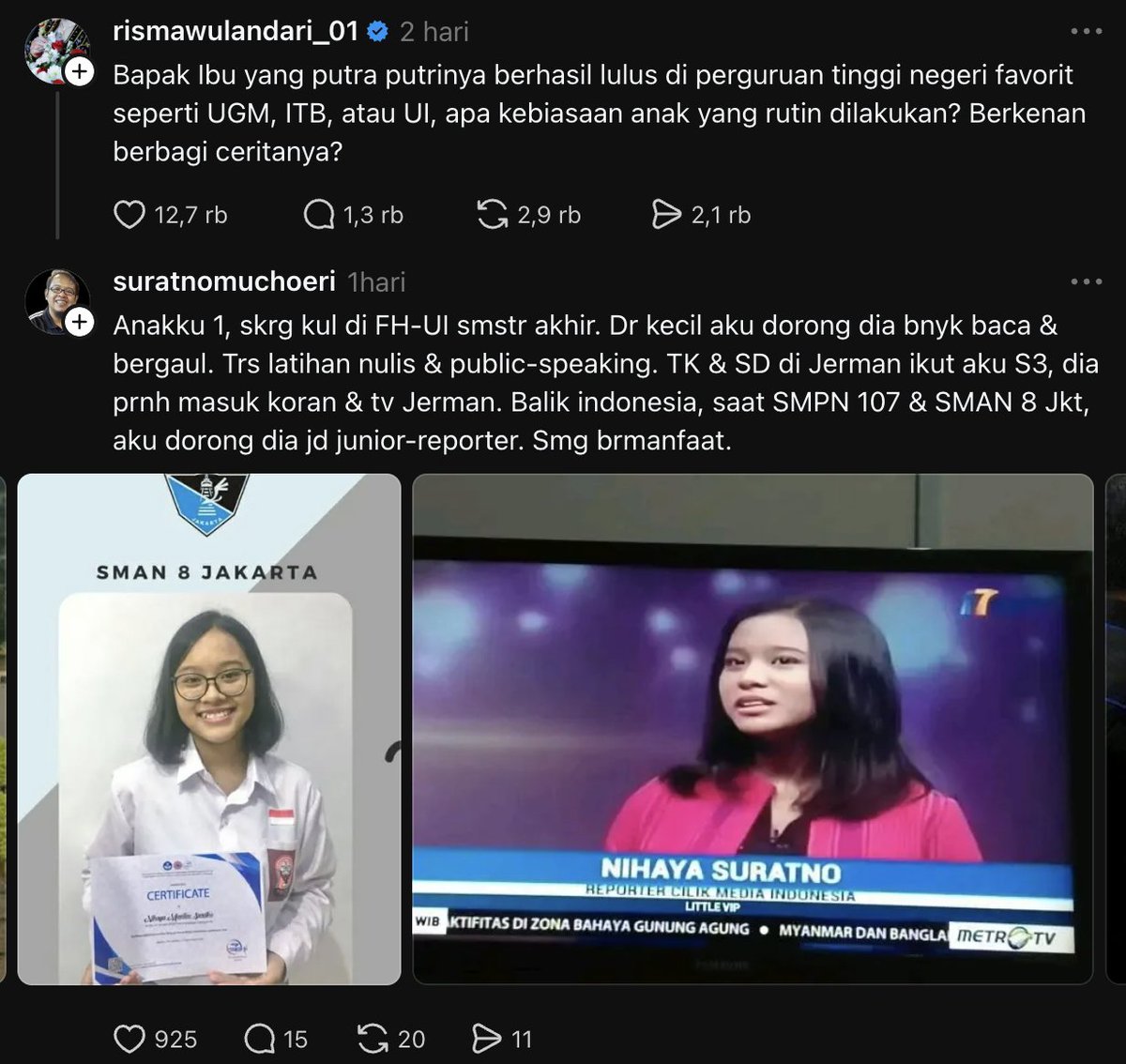 LambeSahamjja's tweet photo. sebuah refrensi buat yang mau anaknya masuk top ptn:
- dari kecil didorong banyak baca 
- dan banyak bergaul
- dilatih menulis dan public speaking
- tk dan sd di jerman,
- kut bapaknya yang lagi s3
- anaknya pernah masuk koran dan tv jerman
- balik ke indonesia, waktu smpn 107 dan sman 8 jakarta, didorong jadi junior reporter
- fotonya nunjukin anaknya jadi reporter cilik media indonesia yang tayang di metro tv
