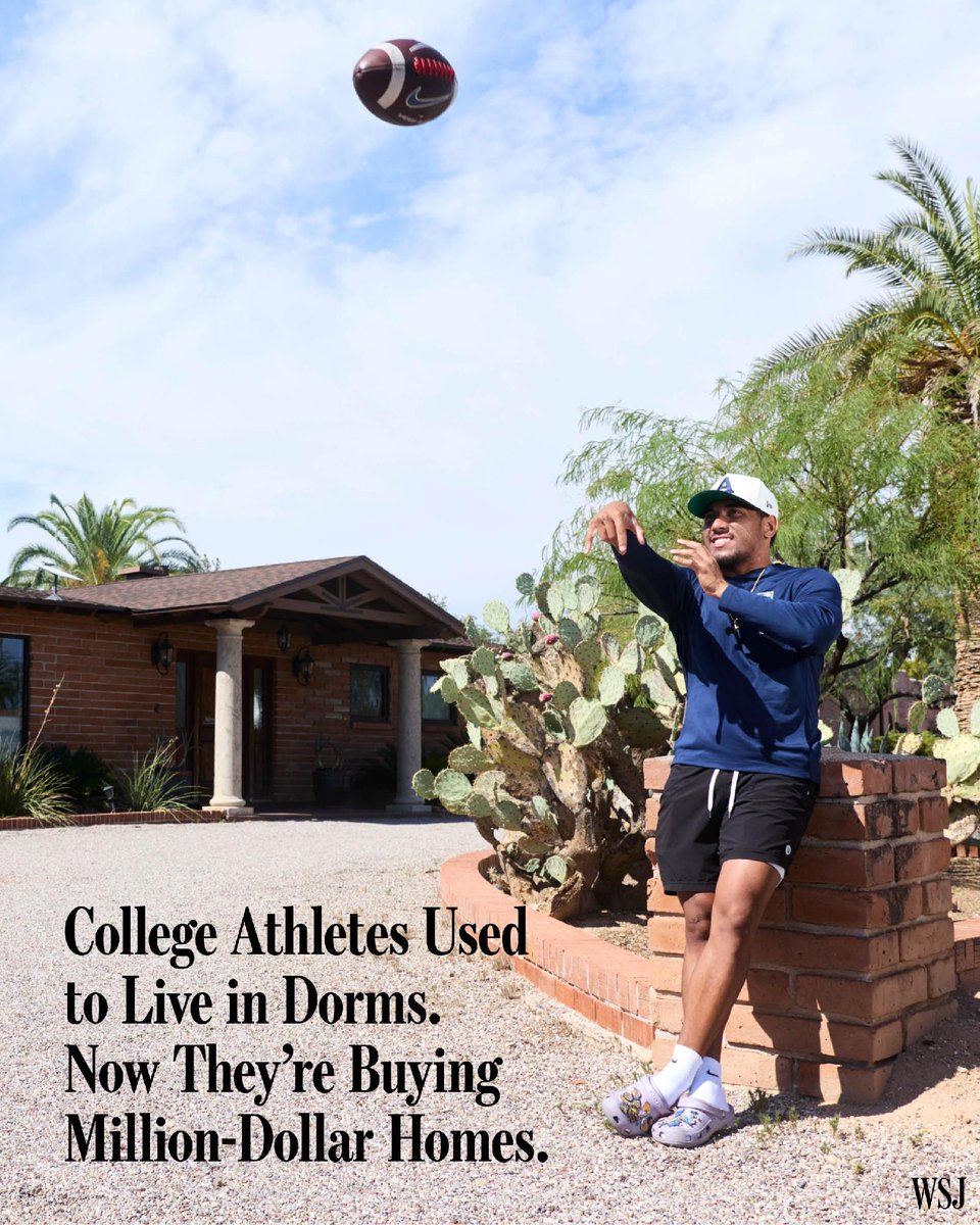 WSJ's tweet photo. Star football players no longer have to wait until they reach the NFL to buy homes. 

Thanks to NIL pay, college athletes are jumping into the real-estate market and buying properties in college towns. 🔗 https://t.co/UG35Gyqq9a https://t.co/tigIgAGZ6i
