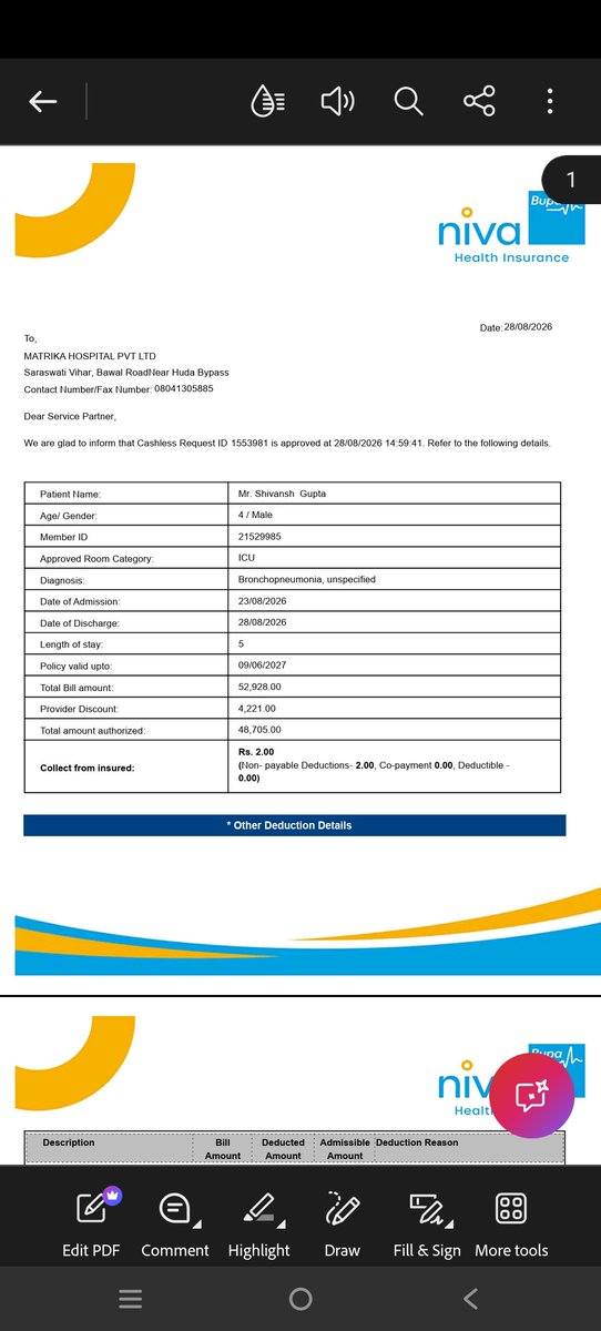 RahulSaxena9015's tweet photo. Shameful service by @Niva_Bupa!
​Niva Bupa's claims team contradicts its own records:
​Cashless approval (Req ID: 1553981) confirms 5 days stay (23/08 - 28/08) for my 4yo son.
​Hospital Cash team rejected 4 days claiming "Hospitalization is less than 2 days" https://t.co/GUcVjqKE9U