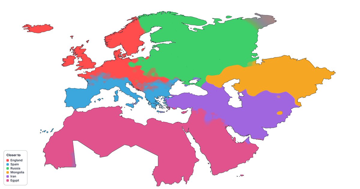 genemapss's tweet photo. Map of populations closest to England (red), Spain (blue), Russia (green), Mongolia (orange), Iran (purple), and Egypt (pink) https://t.co/3q3GRi4uKy