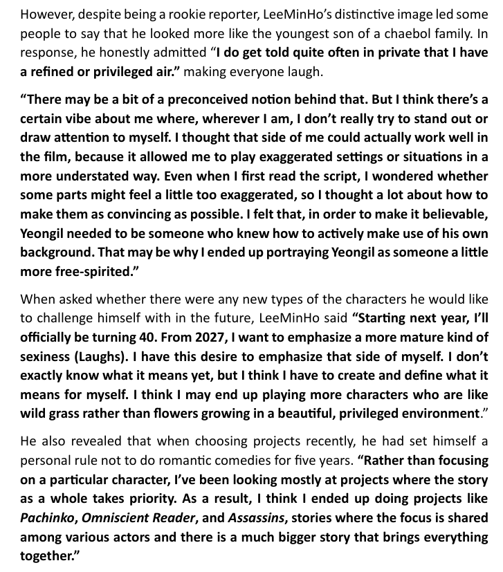 forlmhonly's tweet photo. LeeMinHo spoke about his transformation as an actor through Assassins and his plans to take on new challenges in the future.

Interview (1) - rough translation

https://t.co/EHM2EOzleV https://t.co/pAuuUqcLXx