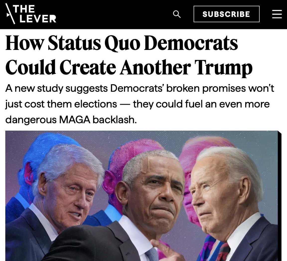 LeverNews's tweet photo. "Corporate Democrats are making clear they will not willingly surrender their power over the party, they will not accommodate a populist economic agenda, and they will not tolerate a structural analysis of their complicity in creating the backlash conditions for Trump’s rise." https://t.co/S6NPNlzSDm