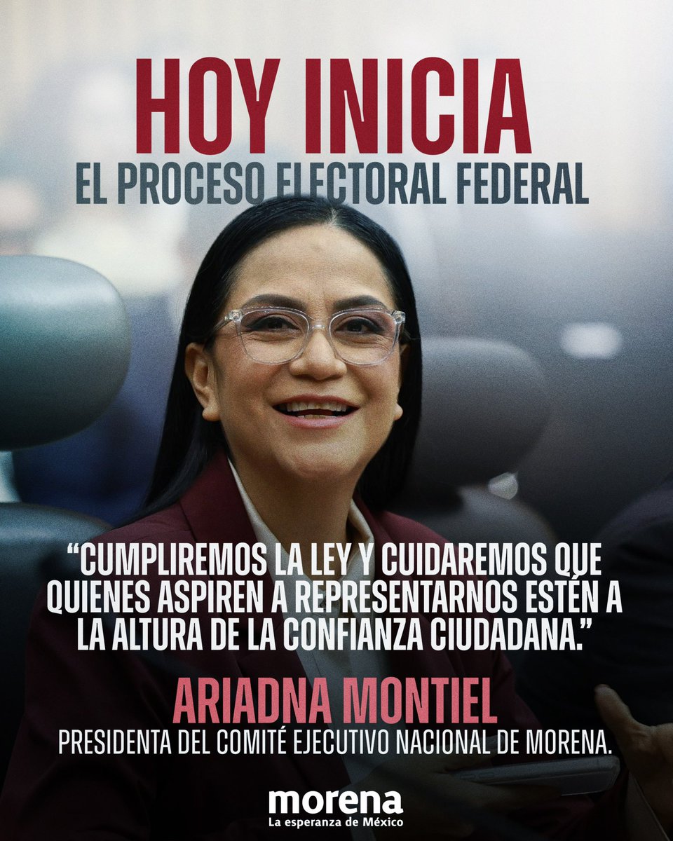 PartidoMorenaMx's tweet photo. Hoy arranca oficialmente el Proceso Electoral Federal 2026-2027.

En Morena tenemos la misión de seguir consolidando la Cuarta Transformación, la justicia social, la igualdad y la democracia en todo el país.

Juntas y juntos, ¡seguimos haciendo historia! https://t.co/Kj6jxkSdrW