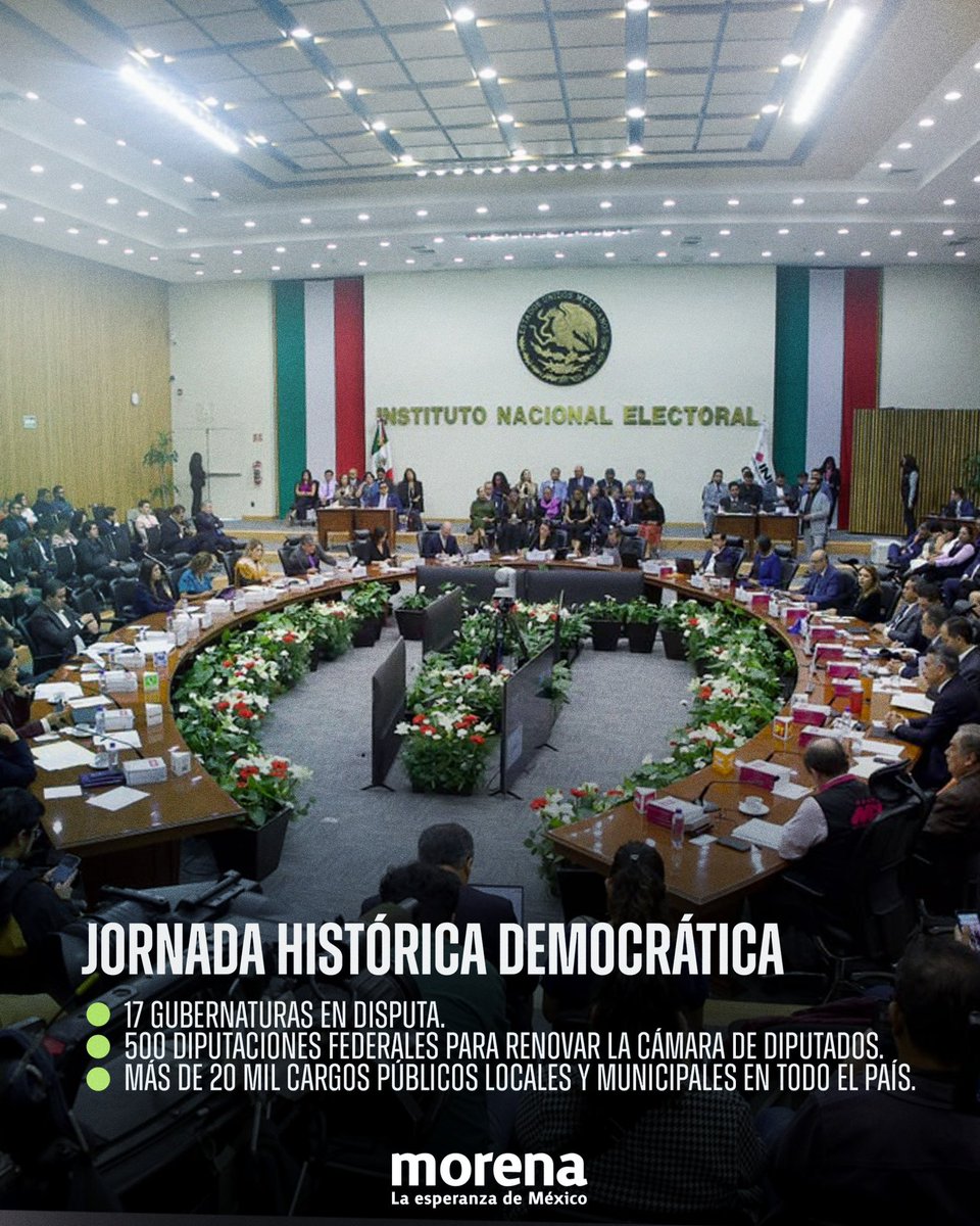 PartidoMorenaMx's tweet photo. Hoy arranca oficialmente el Proceso Electoral Federal 2026-2027.

En Morena tenemos la misión de seguir consolidando la Cuarta Transformación, la justicia social, la igualdad y la democracia en todo el país.

Juntas y juntos, ¡seguimos haciendo historia! https://t.co/Kj6jxkSdrW