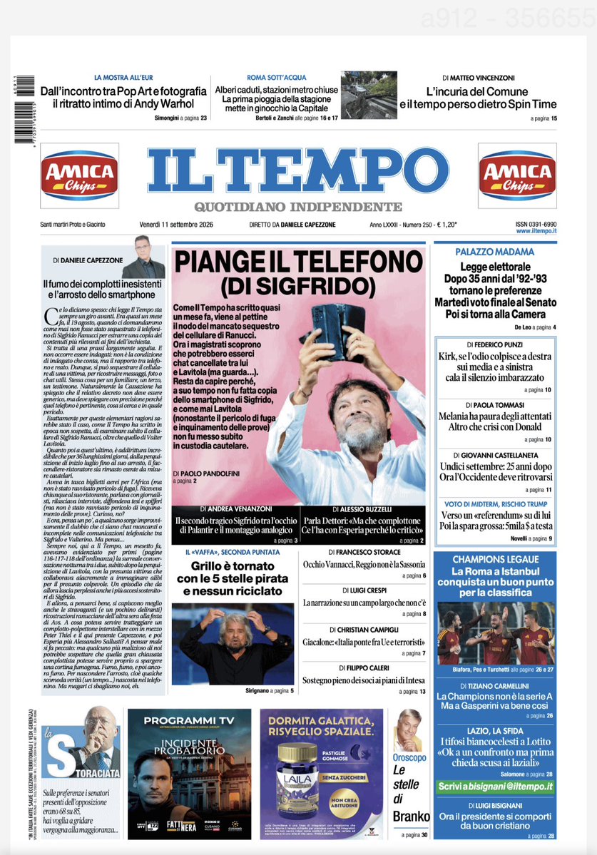 Capezzone's tweet photo. PIANGE IL TELEFONO 
(DI SIGFRIDO)

Come Il Tempo ha scritto quasi un mese fa, viene al pettine il nodo del mancato sequestro del cellulare di Ranucci. 

Ora i magistrati scoprono che potrebbero esserci chat cancellate tra lui e Lavitola (ma guarda…)

Resta da capire perché non fu fatta copia a suo tempo dello smartphone di Sigfrido, e come mai Lavitola (nonostante pericolo di fuga e di inquinamento delle prove) non fu messo subito in custodia cautelare.