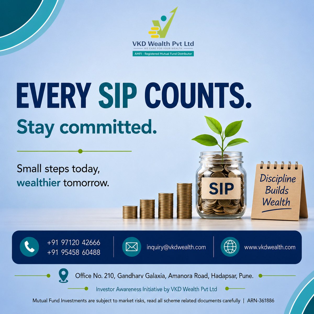 VkdWealth's tweet photo. Every SIP Counts. Stay Committed. 

#SmallStepToday #WealthierTomorrow #DisciplinedInvestment #StartEarly #StayConsistent #MutualFund #Insurance #VkdWealth https://t.co/j3GgYQxNsJ