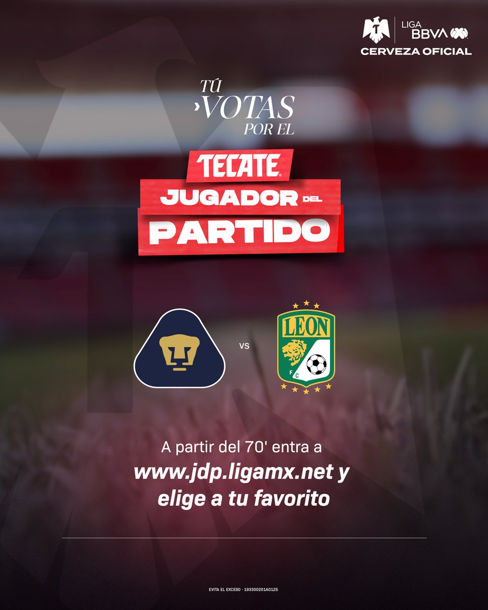 LigaBBVAMX's tweet photo. ¡Es tu momento! 🫵🗳️
Vota por el #TecateJugadorDelPartido aquí: https://t.co/tzQtydD7oI
Tienes hasta el 90' para participar.
#TecatePorTi | @CervezaTecate| #J7 | #AP26 | #UNAMLEO https://t.co/IPcU9BLiMb
