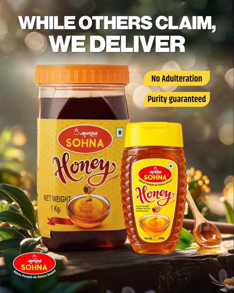 SOHNA_Markfed's tweet photo. 🍯 WHILE OTHERS CLAIM, MARKFED SOHNA DELIVERS.

🔬 NMR Certified | 🚫 No Adulteration | ✅ Purity Guaranteed*

TESTED. CERTIFIED. TRUSTED.

Quality isn’t just a claim—it’s what MARKFED SOHNA stands behind.

#SohnaHoney #Markfed #NMRCertified #PureHoney #TrustedQuality https://t.co/7rAoxOLg9E