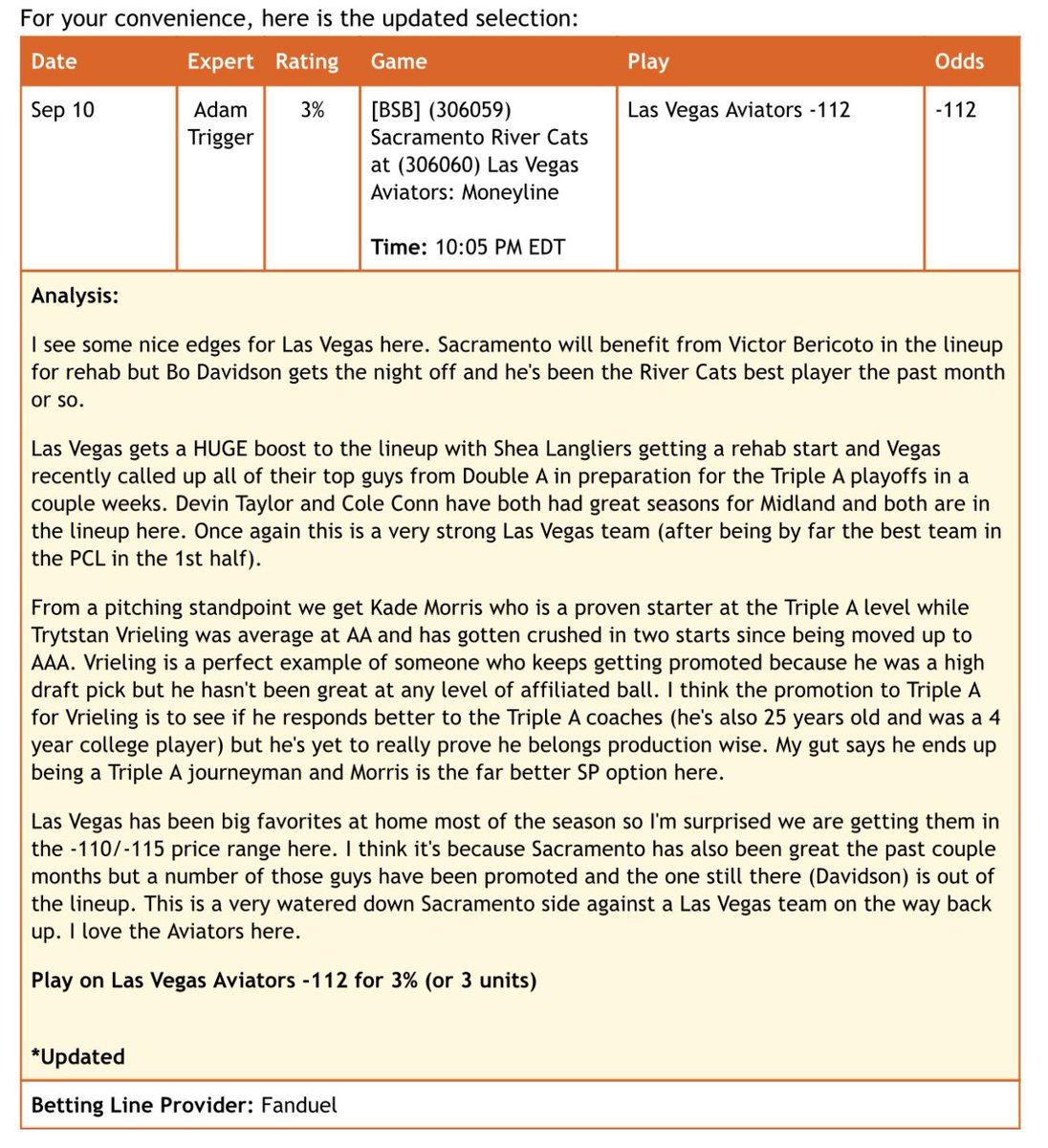 AdamTriggerWT's tweet photo. Syracuse -112 (3%) ✅
Las Vegas -112 (3%) ✅
2-0 #OnlyInMILB sweep. Passed on the short MLB slate but #freepick from Total Bases gets there with #TridentsUp
5% #NFL for Sunday up now on my page @WagerTalk
👉 https://t.co/7G2qo0sb2b
#Gambling𝕏 #BaseballBets https://t.co/fqRsZ381BW