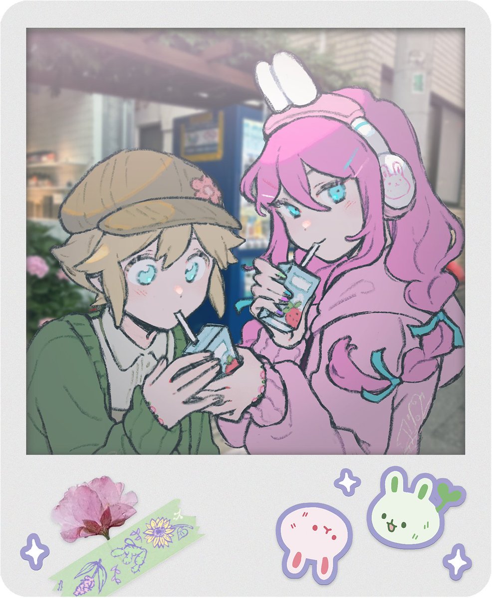 starsowing's tweet photo. Ta-da!! I got to draw the polaroid bonus for Vol. 4 of the OMORI Manga! I had fun drawing Basil and Aubrey in the adorable outfits @Kaiami designed! 🌸🐰 https://t.co/2jwFUXJkfG