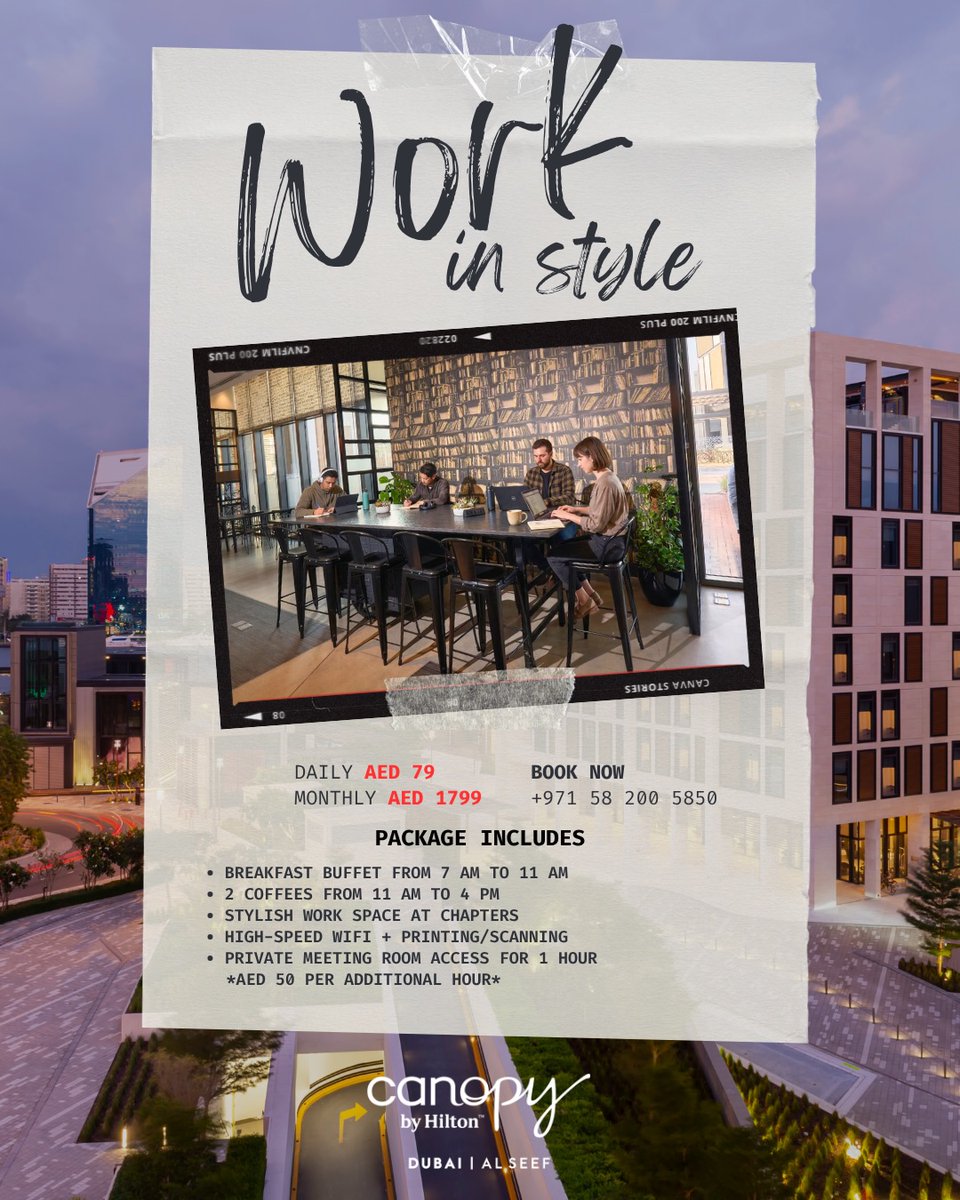 LidyCortezz's tweet photo. A better way to get things done. Work from a stylish space, enjoy breakfast, coffee, high-speed WiFi, plus pool and gym access anytime. From AED 79/day. Book via call or WhatsApp: +971 58 200 5850 https://t.co/V9sTnfx5OV