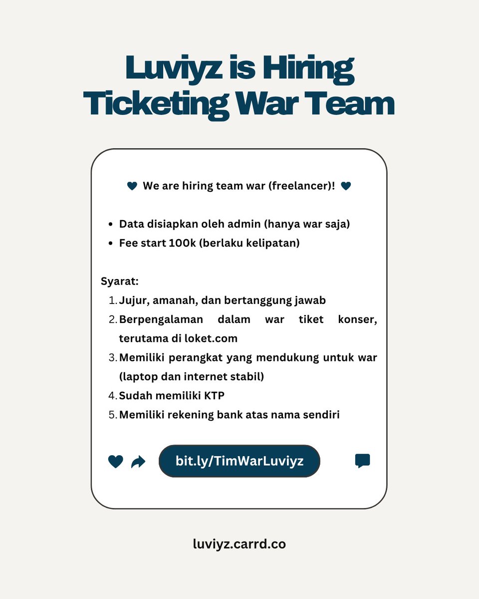 luviyz__'s tweet photo. [Luviyz is Hiring Freelancer Ticketing War Team!]

Luviyz sedang membuka open recruitment untuk tim war, khususnya bagi yang sudah familiar dengan platform https://t.co/ENwIz8ZCTN dan bisa ikut war BIGBANG Jakarta💖💖

Yuk, daftar di link:
https://t.co/YC1rDZAR9c

SEE YOUU!!✨ https://t.co/dGPoa4DjiA