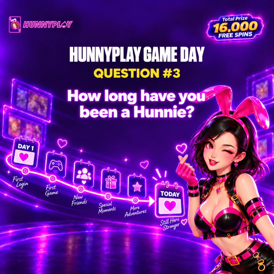 HunnyPlay_'s tweet photo. 🎮 HUNNYPLAY GAME DAY — QUESTION #3

It’s Video Games Day, so Admin wants to know a little more about the Hunnies celebrating with us. 💜

🐰 How long have you been a Hunnie?

A few days? A few months? Or have you been here for a long time? 👀

🎁 Total Reward: 150 Spins No Deposit
⏰ Deadline: 10:00 AM, September 17 (UTC)

How to join:

> Like + Repost + Follow @HunnyPlay_ 
> Reply with how long you’ve been a Hunnie + your HunnyPlay username
> Tag a friend to join the celebration
> Must have completed at least one deposit

Let’s see who’s been around the longest. 👀💜

🚨 Don't forget to join 2 questions before and keep your streak going:

👉 Question #2: https://t.co/3hVEsS5W7r  
👉 Question #1: https://t.co/tYL7XJWz82

#HunnyPlay #HunnyPlayGameDay