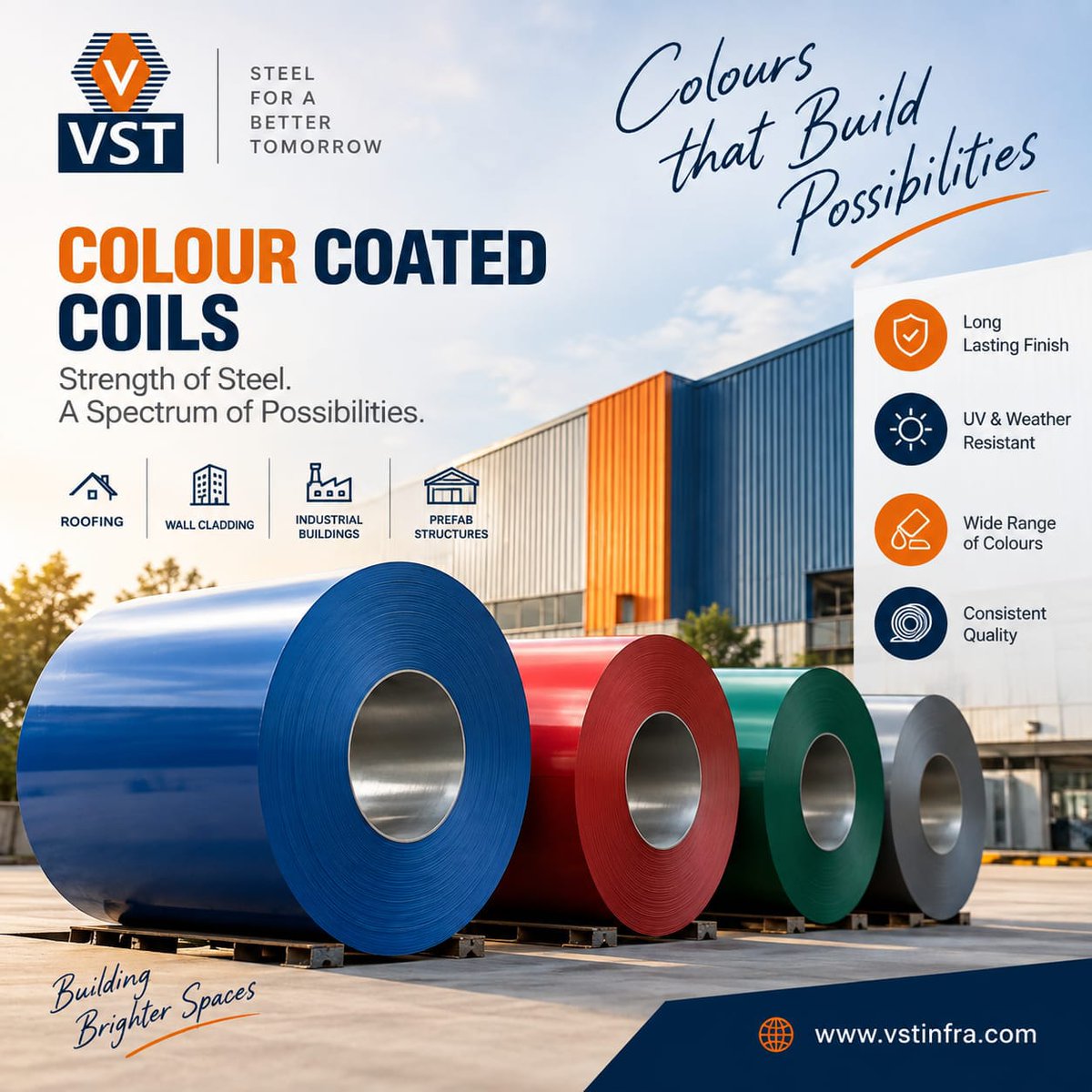 Vstinfraprofile's tweet photo. Strength of steel. A spectrum of possibilities.

VST Colour Coated Coils for roofing, cladding, industrial buildings &amp; prefab structures.
🌐 https://t.co/lO6Al4g5WT⁠�

#VSTInfra #ColourCoatedCoils #SteelIndustry #PPGI #PPGL #Infrastructure https://t.co/asdFwDYTeZ